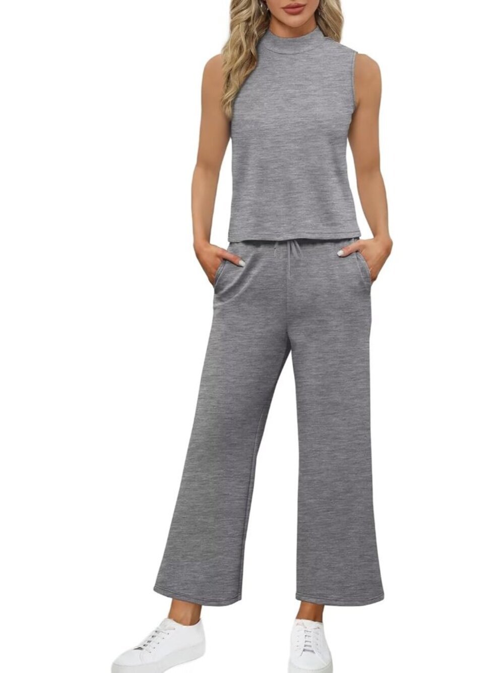 Women's Grey Two Piece Set Summer Outfits Lounge Sets Mock Neck Tops Wide Leg - Picture 4 of 5